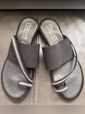 Italian Shoemakers Black Slip-On Sandals with Metallic Trim